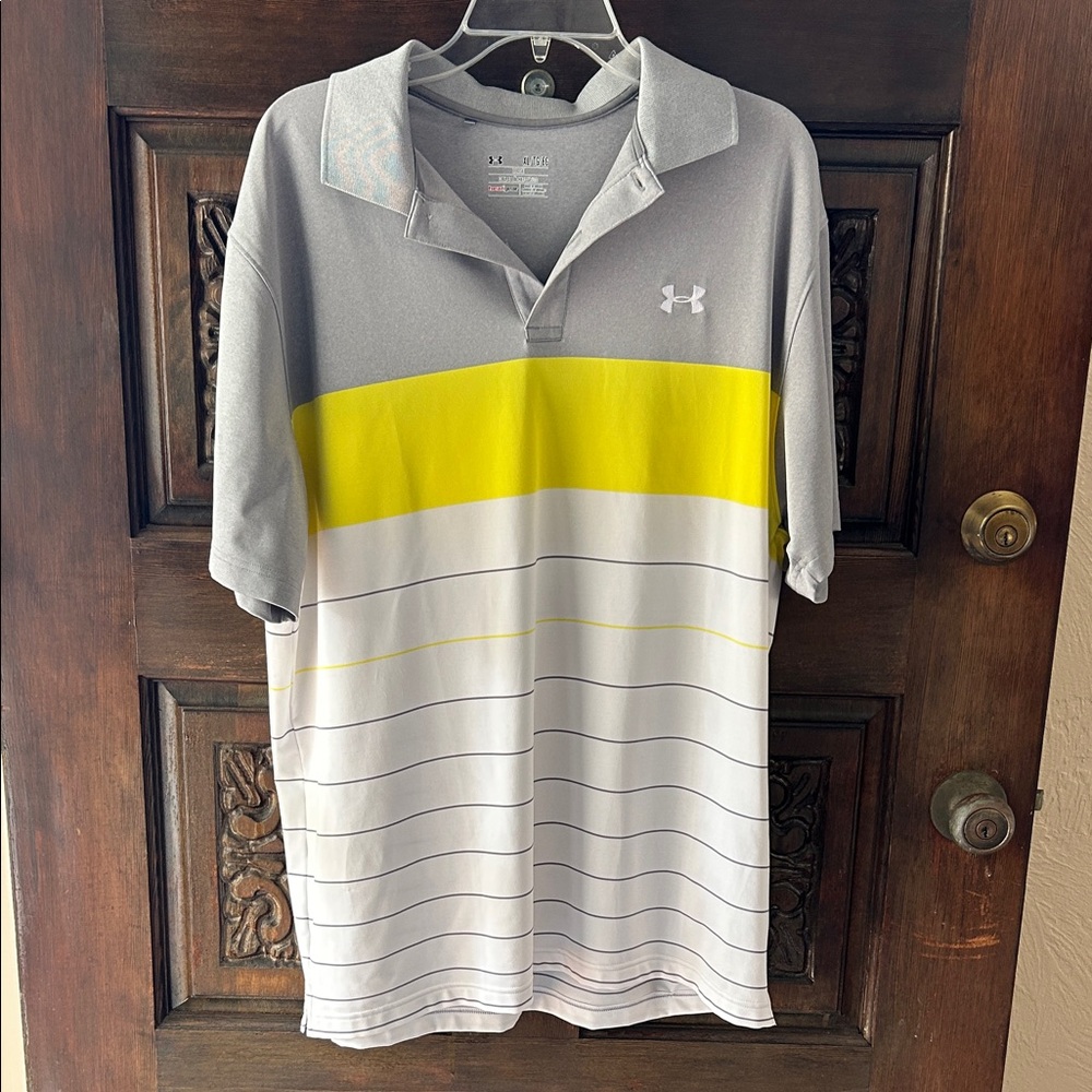 Under Armour Men's Polo with Gray, White, and Yellow Stripes